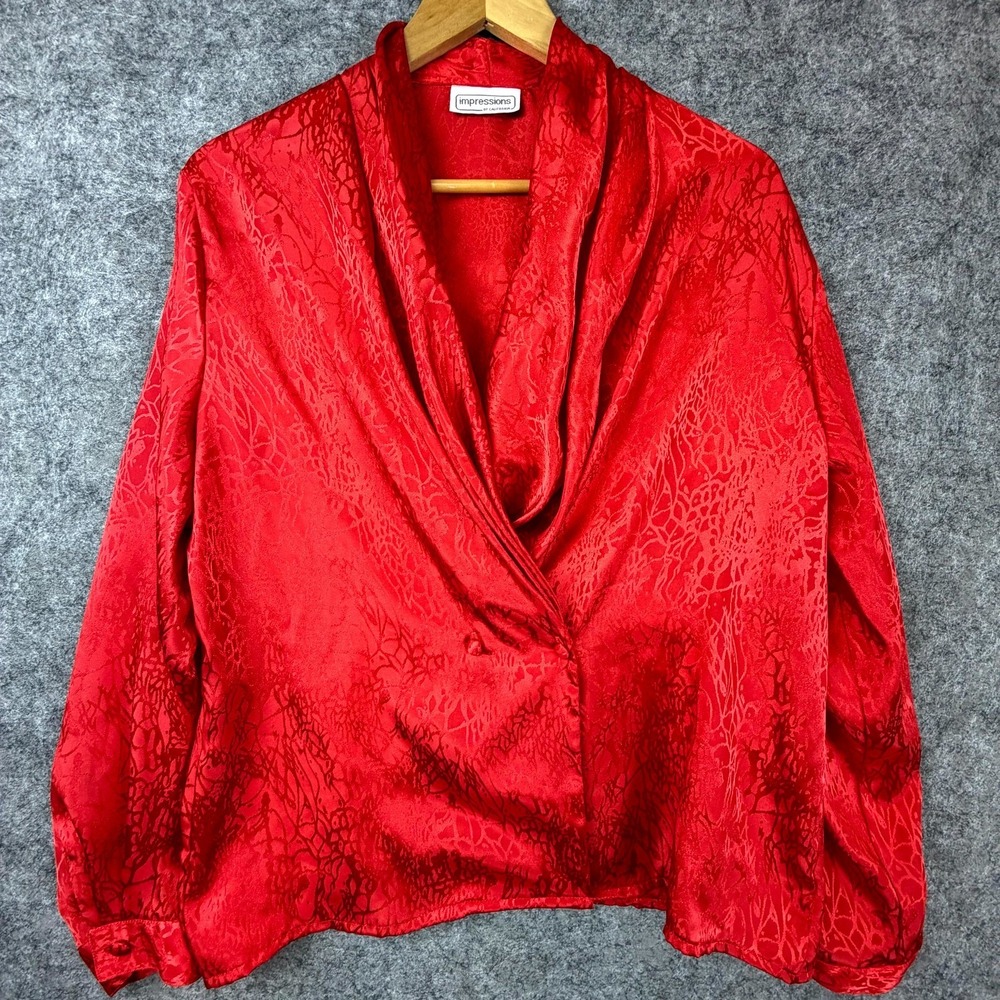 Vintage‎ Impressions of California Blouse Womens Red Damask Pleated Shawl Collar